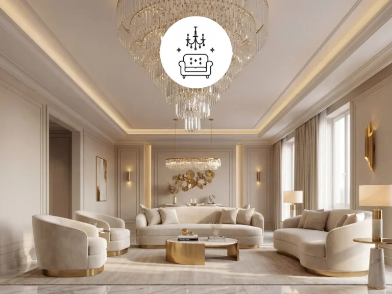 Luxury living room with statement lighting and rich textures