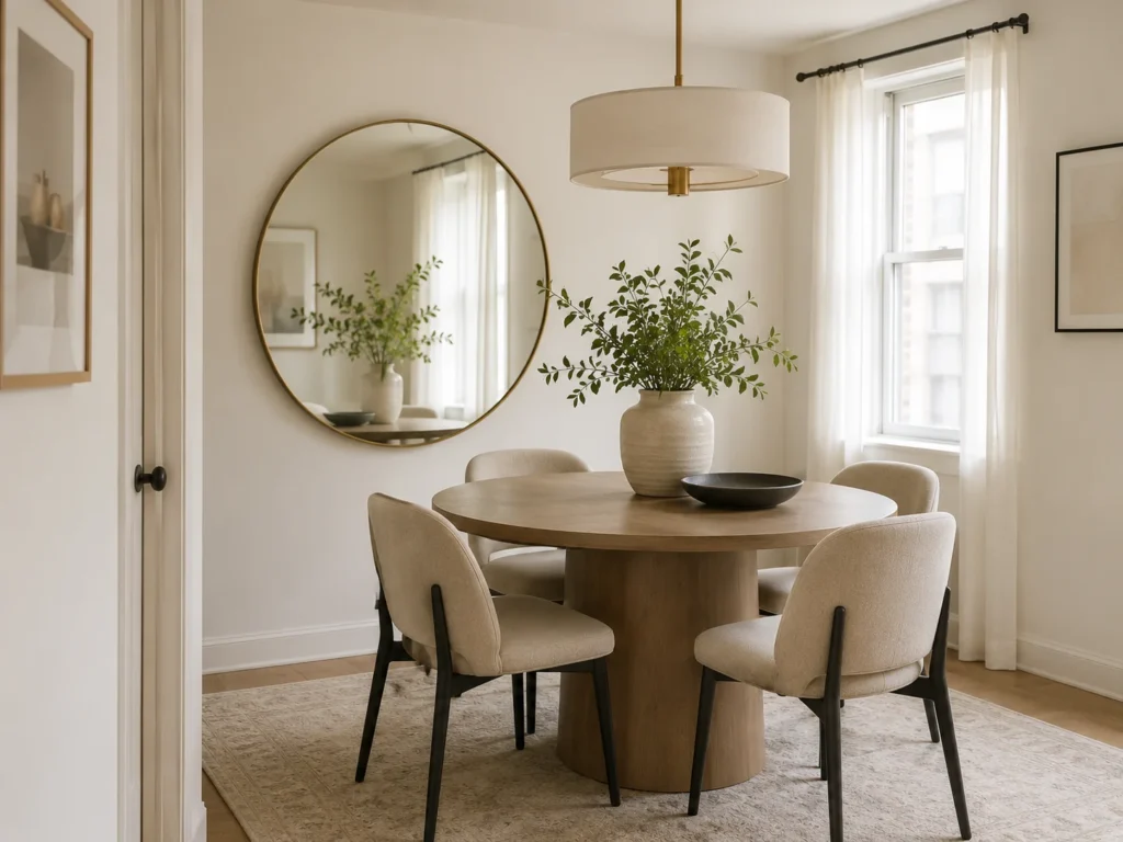 Small dining room with a large round brass mirror, a round wood pedestal table, cream upholstered chairs and a drum pendant light