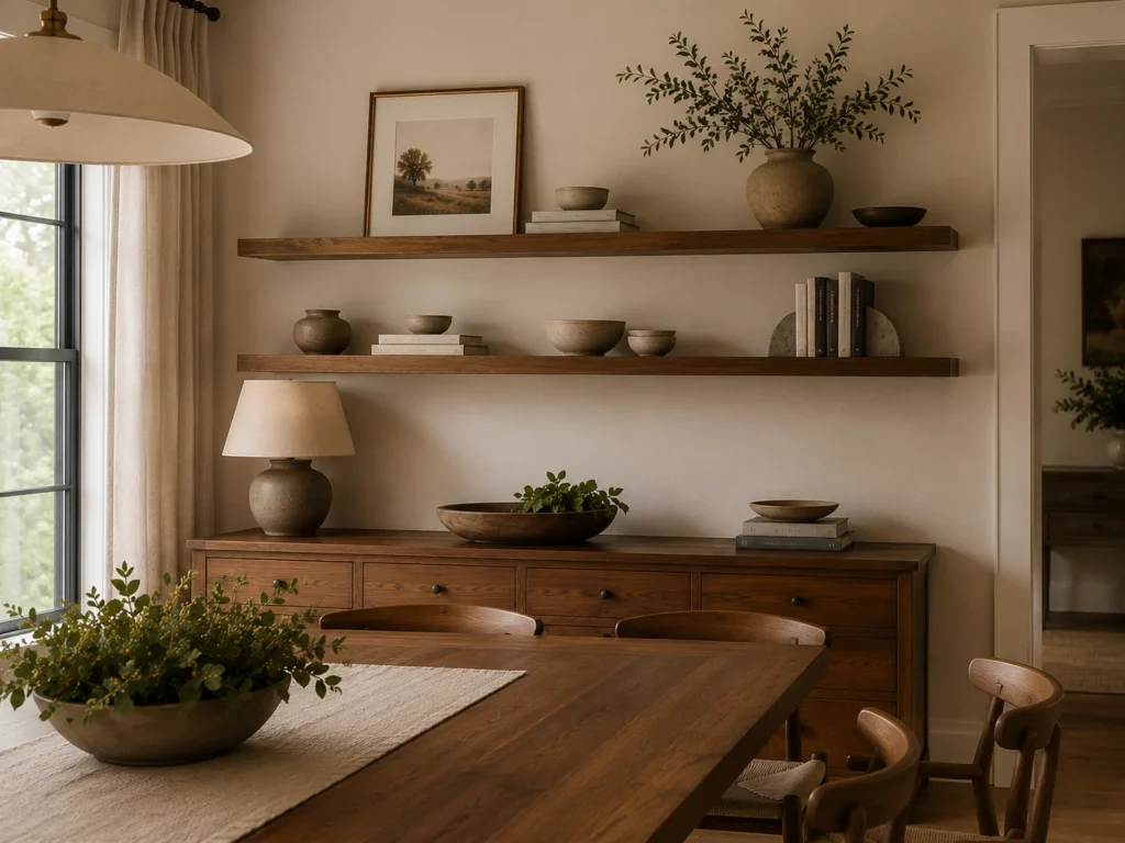 Minimal rustic dining room wall with two floating walnut shelves displaying ceramic bowls, terracotta pots, stone vases, stacked books, and a framed landscape print, above a dark wood sideboard with a ceramic table lamp and dough bowl with greenery, beside a farm table with wood chairs