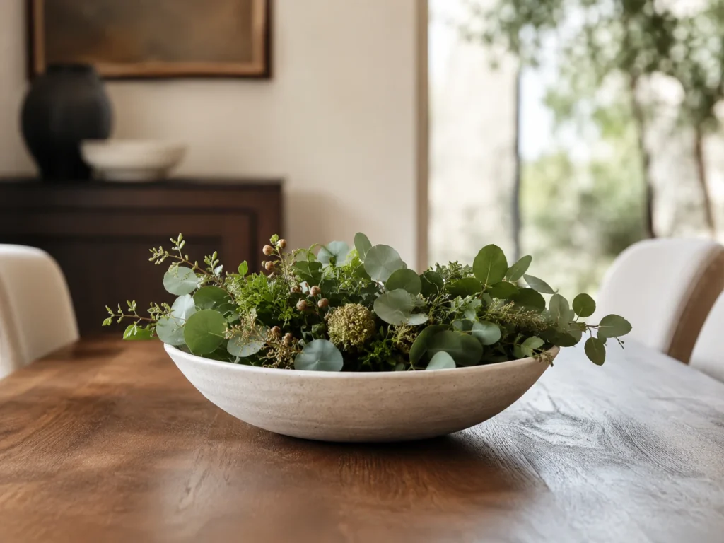 Close-up of a minimalist dining table centerpiece featuring a large shallow white stone bowl filled with a lush mixed greenery arrangement of eucalyptus, moss balls, and delicate foliage branches, set on a rustic wood dining table with white upholstered chairs
