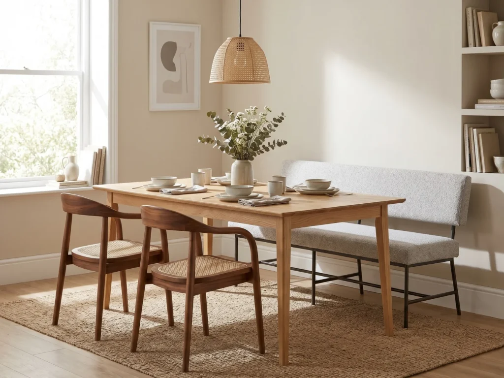Light-filled Scandinavian dining room demonstrating mixed chair styles with two walnut-frame rattan-seat dining chairs paired with a boucle upholstered bench, around a simple oak dining table set with ceramic mugs and plates, under a woven rattan pendant light