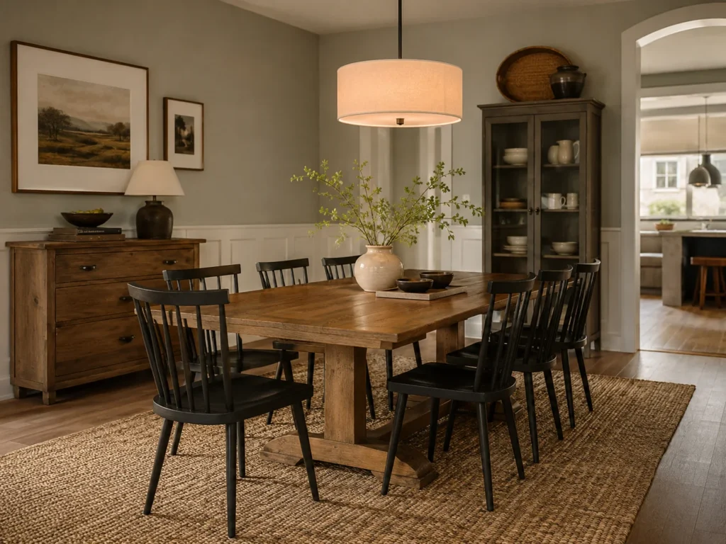 Warm-toned transitional dining room with a large square farmhouse trestle table, eight matte black Windsor-style chairs on a jute rug, a linen drum pendant light, dark wood sideboard, glass-front display cabinet with dinnerware, and framed landscape art on sage-green walls