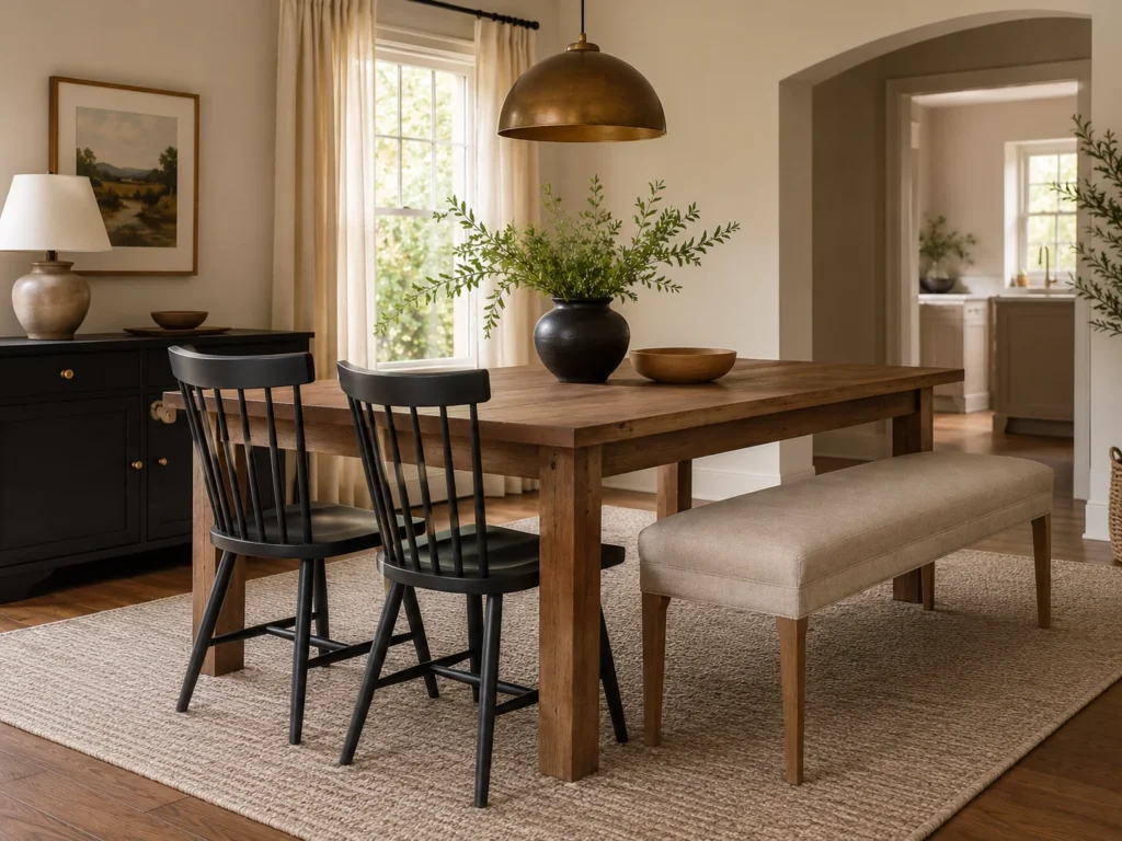 Modern farmhouse dining room with a solid wood plank-top dining table, mixed black spindle chairs and a linen bench, a brass dome pendant light, black sideboard with ceramic lamp, and a black matte vase with greenery branches as the table centerpiece