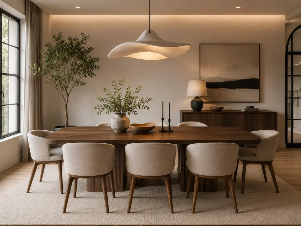 Luxurious modern minimalist dining room with a dramatic sculptural white pendant light, long dark walnut live-edge style dining table, eight cream boucle curved dining chairs, an olive tree, textured abstract landscape art, and a sideboard with black ceramic lamp and candle holders