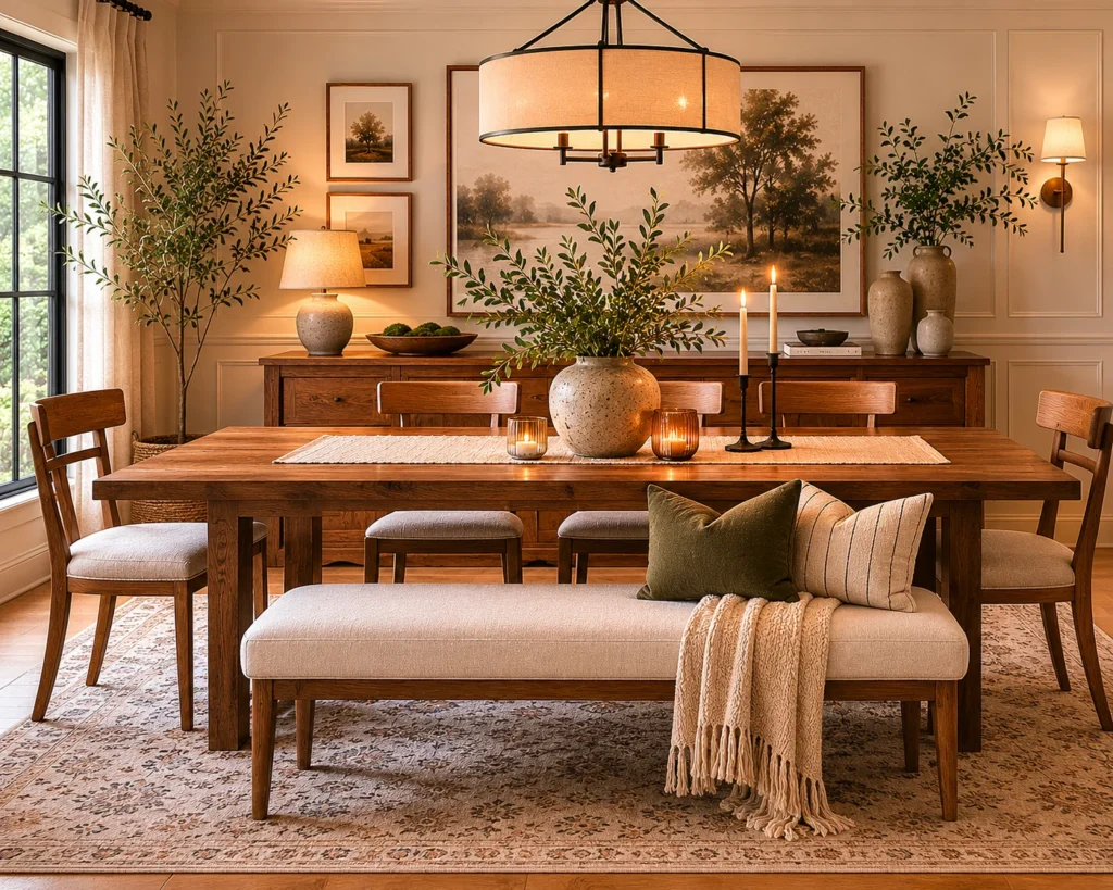 Inviting modern rustic dining room with a rich walnut farmhouse table, wooden dining chairs and a cream upholstered bench draped with a knit throw and green pillow, lit by an iron and linen drum chandelier, flanked by tall olive trees, lit candles, and a full gallery wall with landscape paintings above a wood sideboard