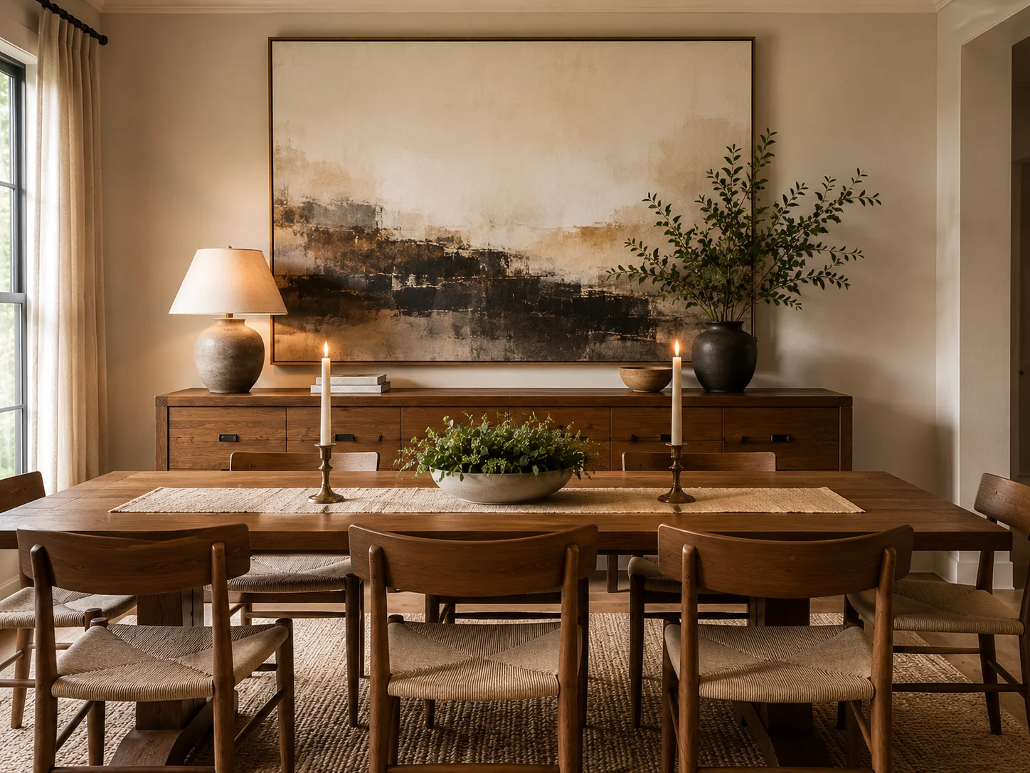 Elegant rustic dining room featuring a long solid wood table with rush-seat wooden chairs on a jute rug, a walnut sideboard topped with a ceramic table lamp and brass candlesticks, and a large abstract expressionist canvas with gold and charcoal tones serving as the dramatic focal point