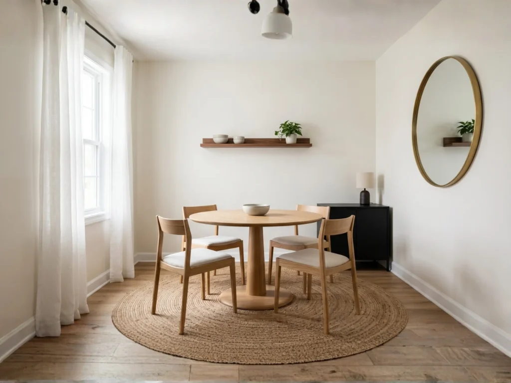 Small but efficiently styled dining room with a compact round pedestal table, four slim chairs, a narrow floating shelf on the wall holding ceramic bowls and a small plant, sheer curtains maximizing natural light, and a small round mirror reflecting the window to make the space feel larger