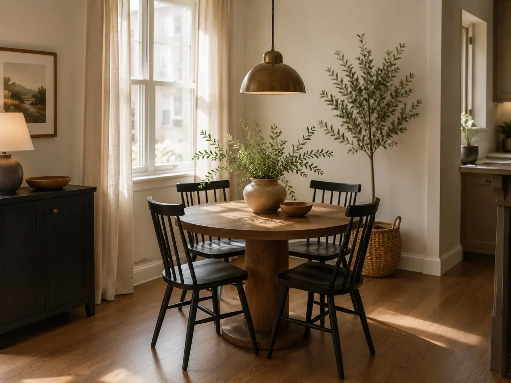 Small dining room made to look bigger using a large round gold-framed mirror on the wall, a round pedestal dining table in natural oak, four cream upholstered chairs with black legs, a white drum pendant light, and a minimalist greenery centerpiece in a stone vase