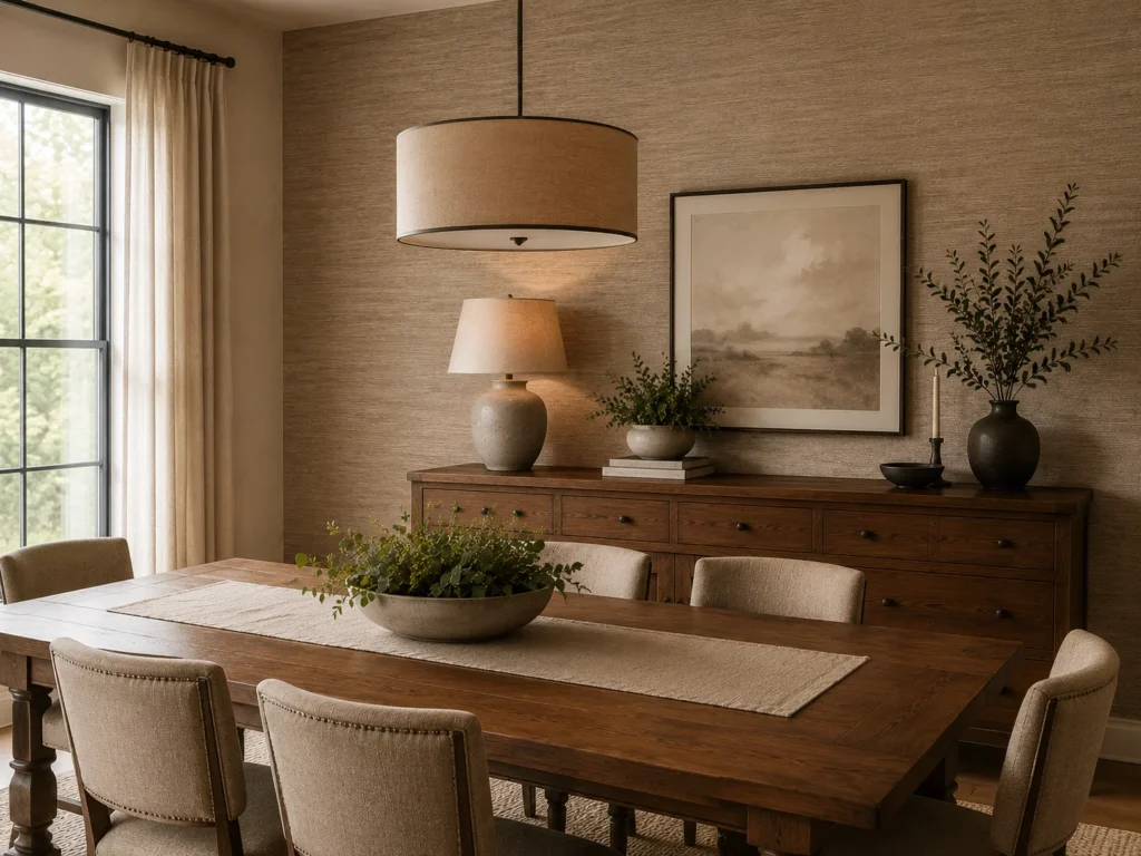 Dining room with a floor-to-ceiling grasscloth textured wall in warm taupe behind a dark wood sideboard styled with a stone ceramic lamp, bowl of greenery, landscape art print, and black vase, with a matching wood farmhouse table and beige nailhead-trim dining chairs in the foreground