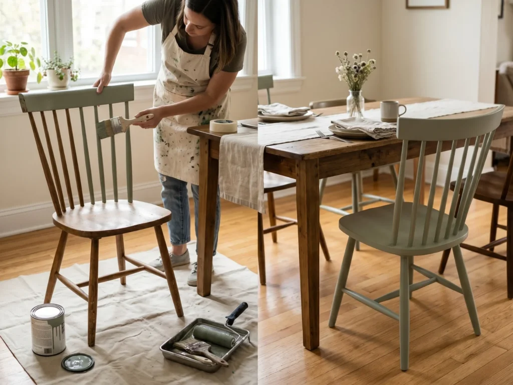 Before-and-after diptych of an upcycled dining chair project showing a woman in a paint-splattered apron brushing sage green chalk paint onto a spindle-back wooden chair (left) beside the finished result — the same chair painted sage green and styled with a rustic farmhouse dining table set with linen napkins and a wildflower vase (right)