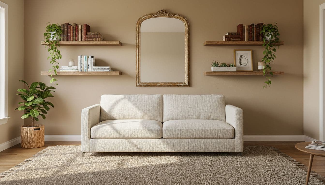 Living room shows warm beige accent wall, two floating wooden shelves with books and plants, large mirror, textured rug under sofa, natural daylight.