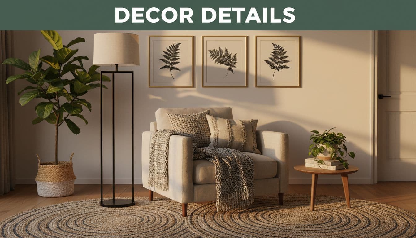 Intimate boutique apartment living room in boho chic style with slim floor lamp, gallery wall of three small frames, textured rug, layered textiles, and plants, illuminated by golden hour lighting for a warm glow. Features bold 'Decor Details' headline in Montserrat Black font on muted dark-green band at top.
