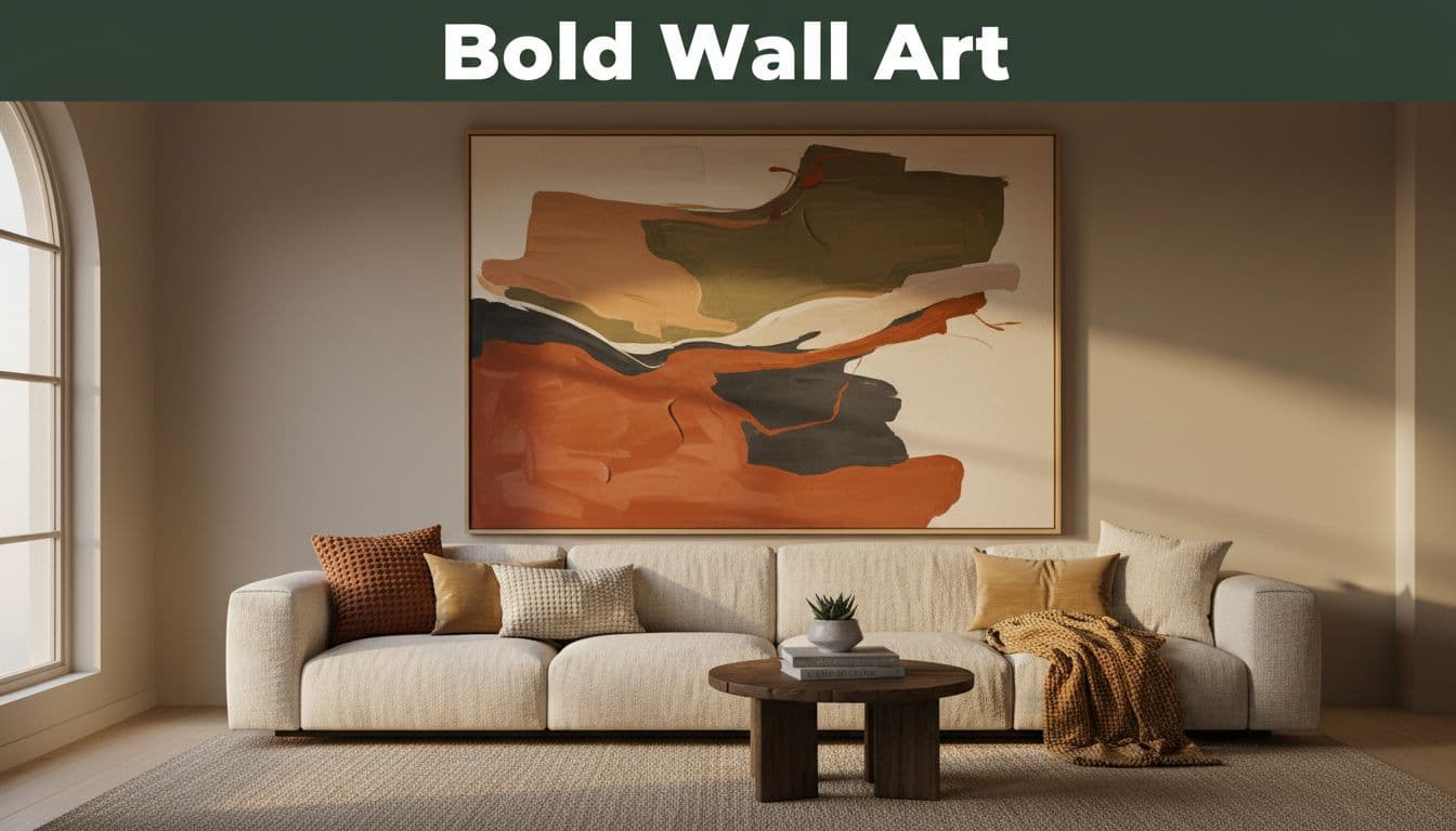 Modern living room with large abstract wall art above a sofa in warm earth tones and mixed textures, soft evening light. Bold 'Bold Wall Art' headline in geometric sans-serif on dark-green band near top.
