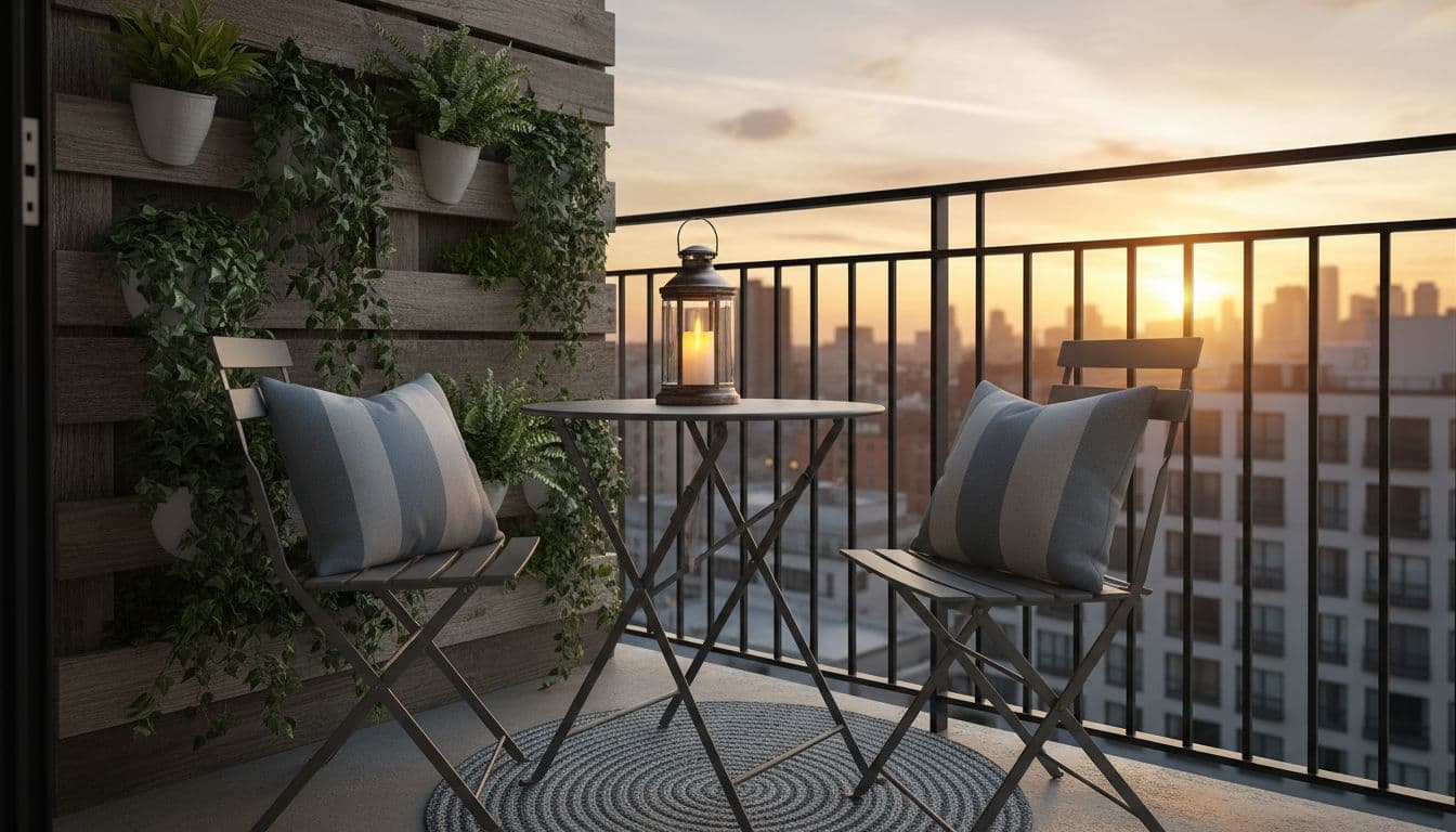 Small balcony with folding metal table, two chairs, vertical ivy wall, blue-gray pillows and rug, lantern on table, city view at sunset.