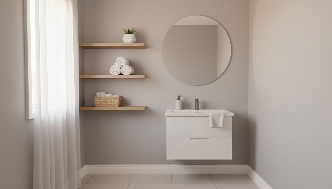 Small bathroom with pale gray walls, round frameless mirror over slim white vanity, floating shelves with rolled towels, plant, and basket on light tile floor.