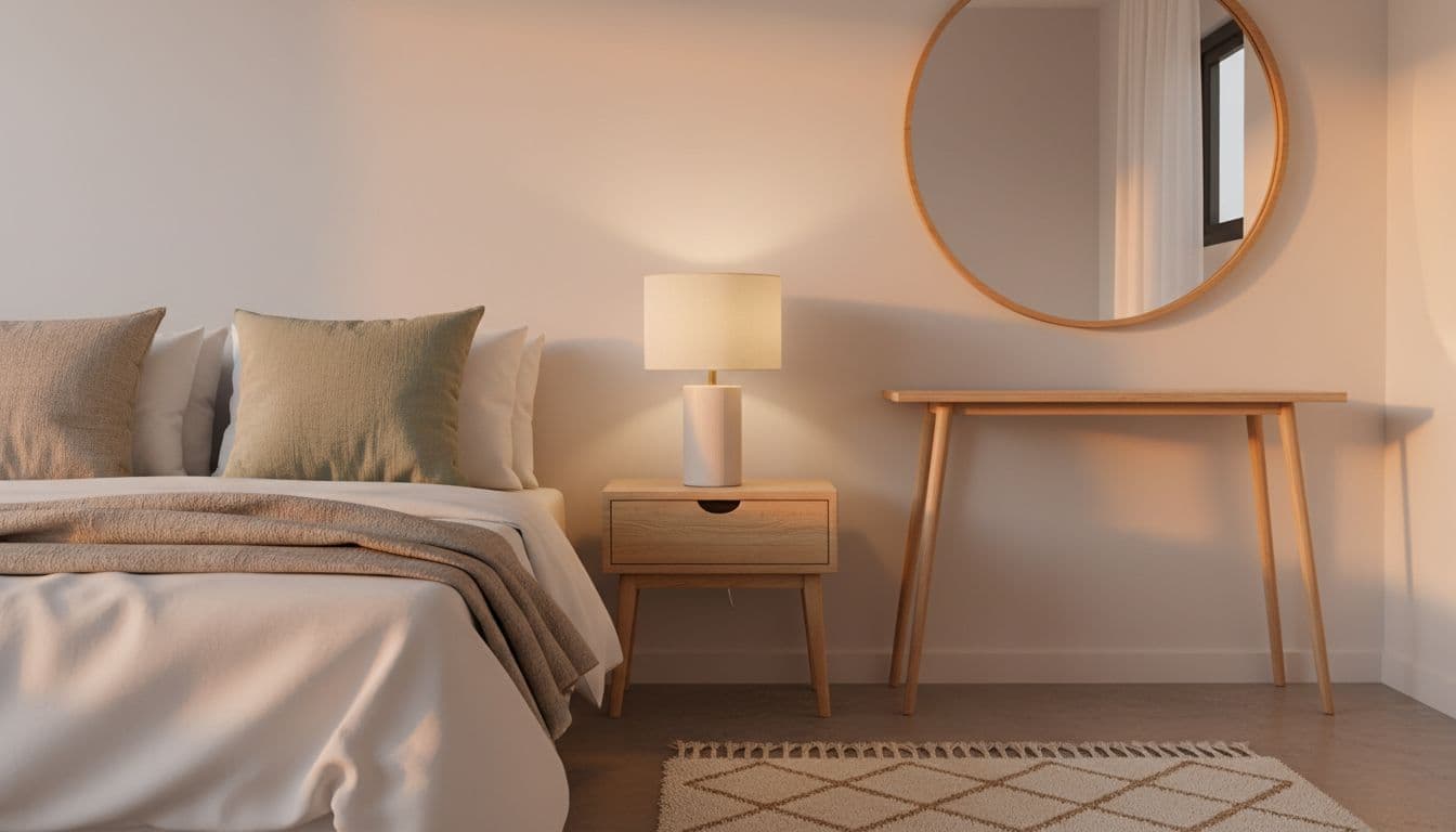 Bedroom corner with nightstand lamp casting soft glow, two linen pillows on bed, round mirror above console table, woven rug on neutral walls.