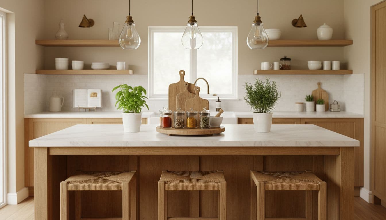 Kitchen island with wooden stools, tray of cutting boards and spices, pendant lights, and herb plants in neutral tones.