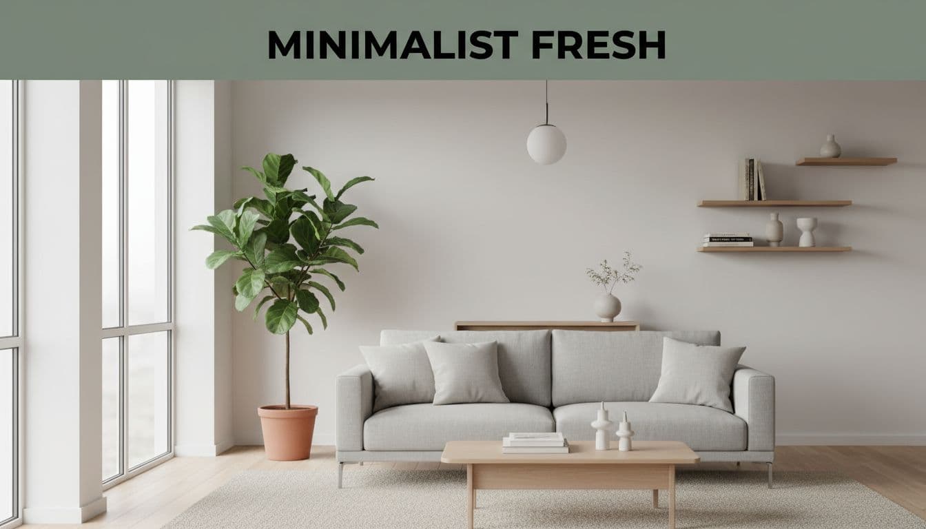 A cozy minimalist living room with fresh modern slim furniture in neutral tones, a statement plant, open shelves with few books, natural soft light, and simple composition, no people. Features bold 'Minimalist Fresh' branding in Montserrat Black on a muted dark-green top band.