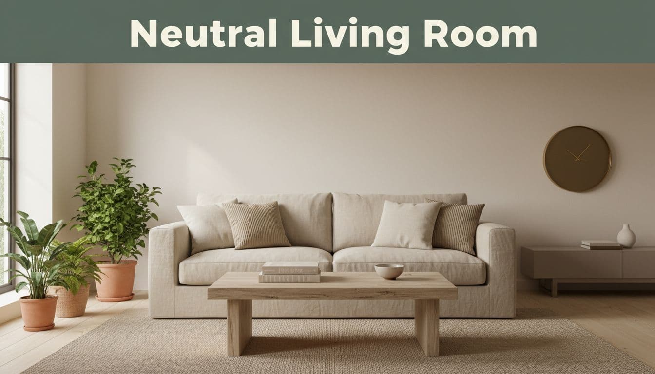 Neutral home decor: cozy neutral living room with beige sofa, cream cushions, wooden coffee table, plants in terracotta pots, and soft natural light from large windows. Minimalist decor in warm beiges, creams, and taupes, featuring a bold 'Neutral Living Room' headline on a muted dark-green band.