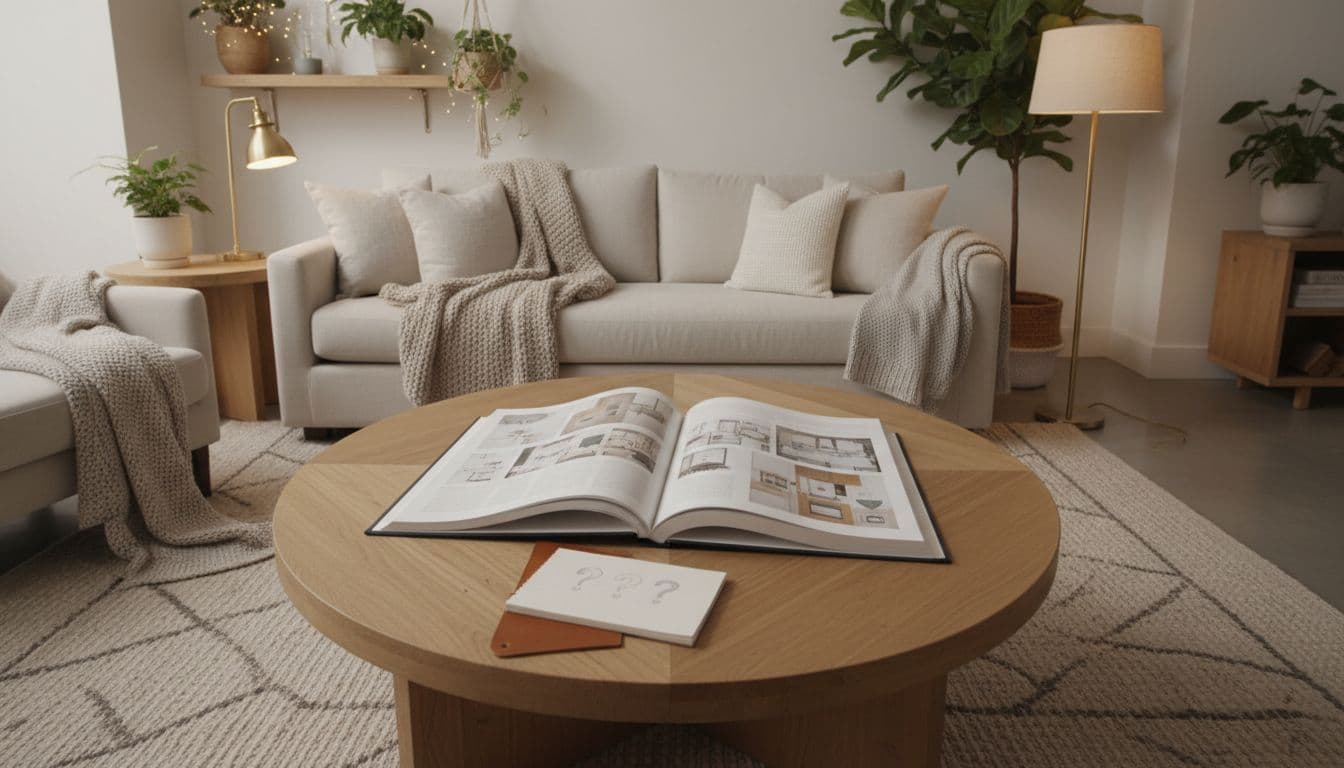 Neutral living room with open decor book and notepad with subtle question marks on coffee table, plants, textiles, warm lighting.