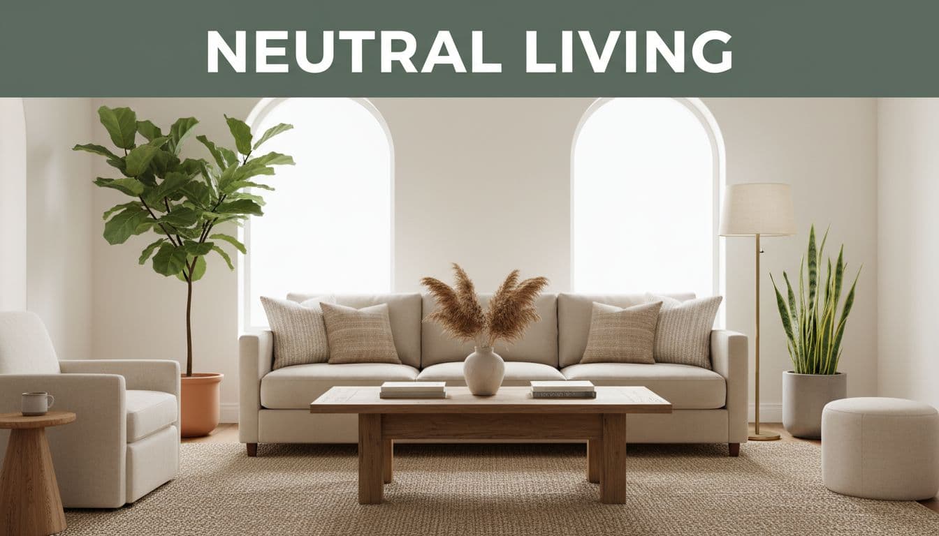 Home decor ideas: cozy neutral living room with soft beige sofa, wooden coffee table, large potted plants, and warm natural light in realistic photo style. Features bold 'Neutral Living' headline on muted dark-green band.