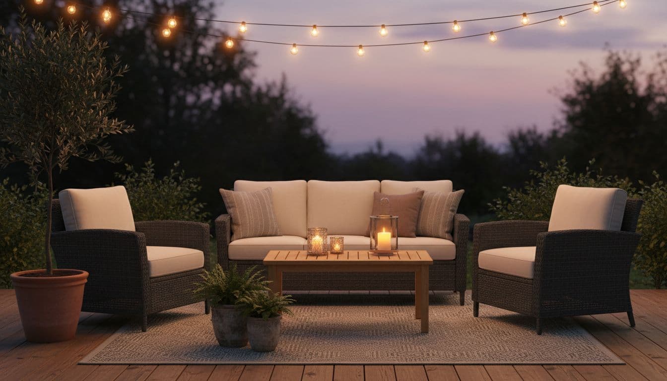 Cozy outdoor patio with defined seating zone: weather-resistant wicker sofa and two armchairs around low teak coffee table with cushions in neutral tones, potted ferns and olive tree nearby, soft string lights draped overhead at dusk, hardwood deck floor with outdoor rug, warm ambient lighting, realistic photo, high resolution, no people, exactly one seating area, no extra furniture, no text, no logos, no watermarks