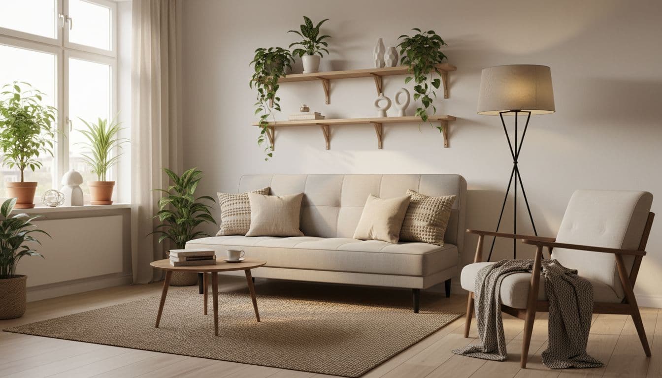 Apartment decor ideas for a small living room: neutral tones, a slim sofa bed, wall-mounted shelves, a soft floor lamp, windowsill plants and one armchair