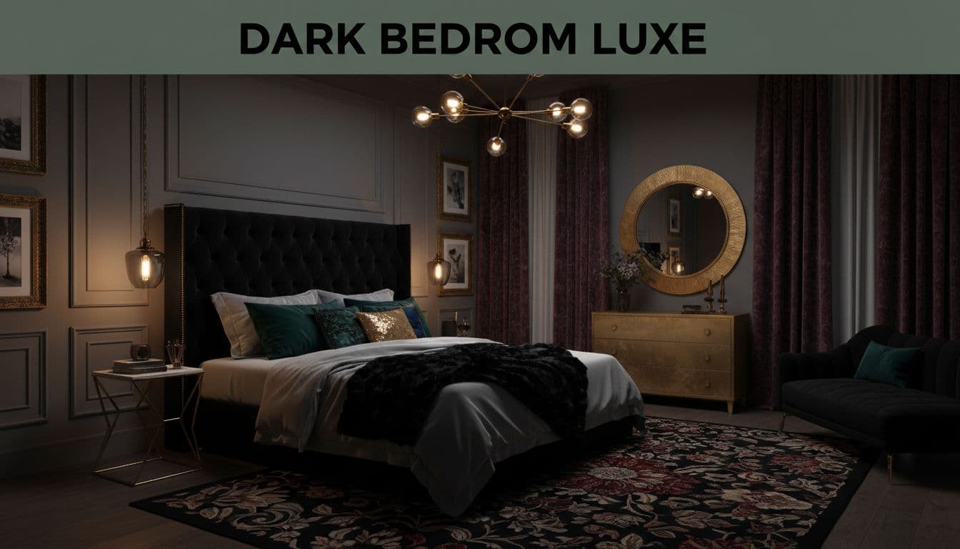 Dark feminine bedroom with moody dim warm lighting, black velvet headboard, gold accents, layered textiles, and dramatic curtains creating a luxurious intimate atmosphere. Realistic photo style centered on the bed with no people, text, or watermarks.