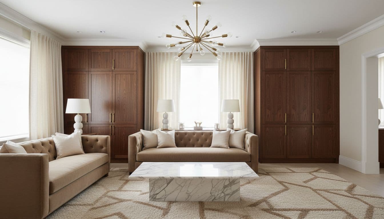 Elegant living room with taupe velvet sofa, marble coffee table, brass chandelier, polished wood cabinets, wool rug, linen curtains, and cream walls.