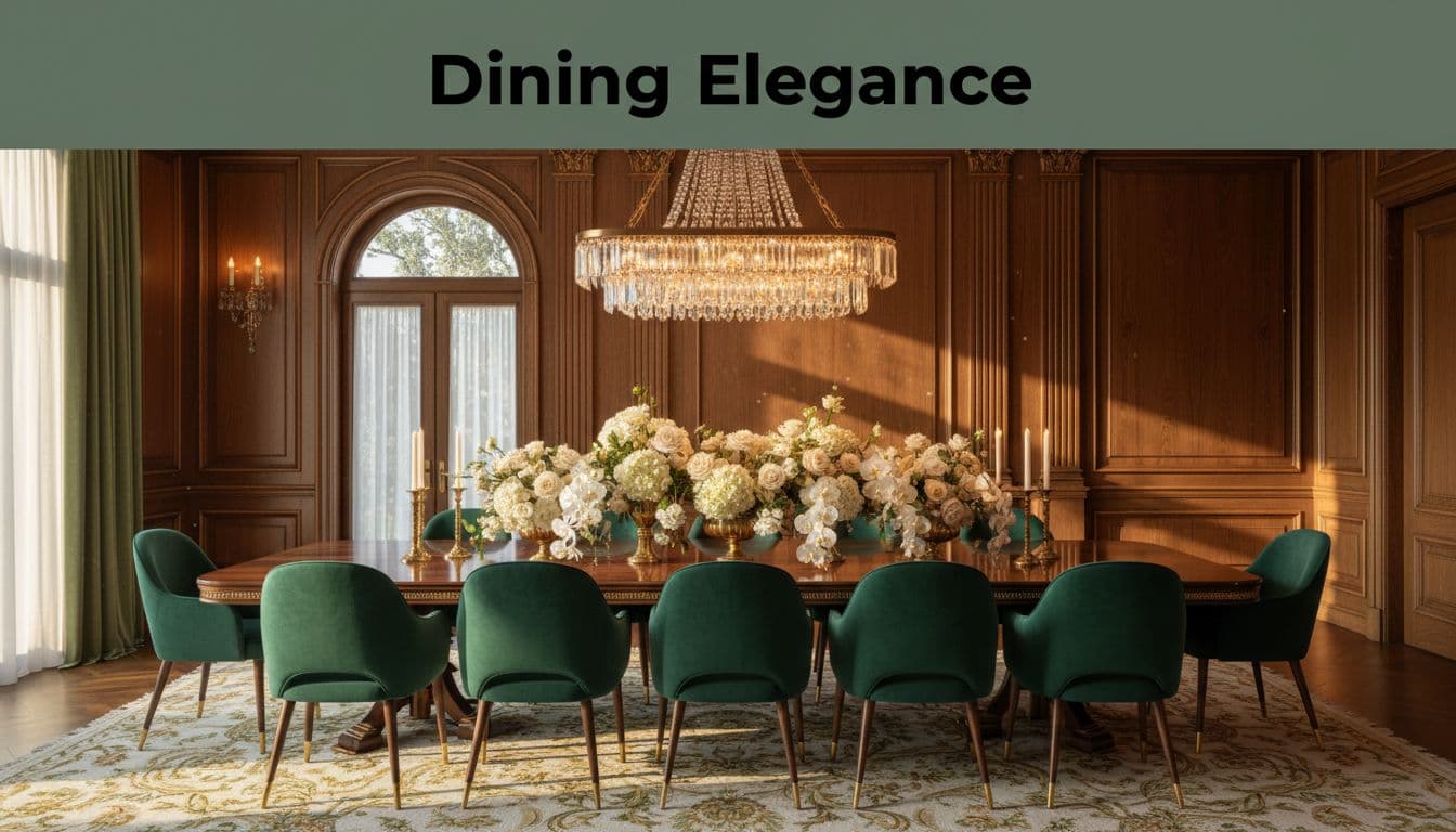An elegant luxury dining room featuring a long table beneath a crystal chandelier, velvet chairs, centerpiece flowers, and rich wood panels, bathed in warm golden hour lighting for an opulent yet inviting atmosphere.