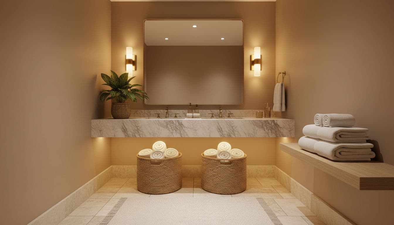 Small bathroom with beige walls, marble floating vanity, two woven baskets holding rolled towels, shelf with three folded white towels, large mirror flanked by two sconces, potted plant, and textured rug.