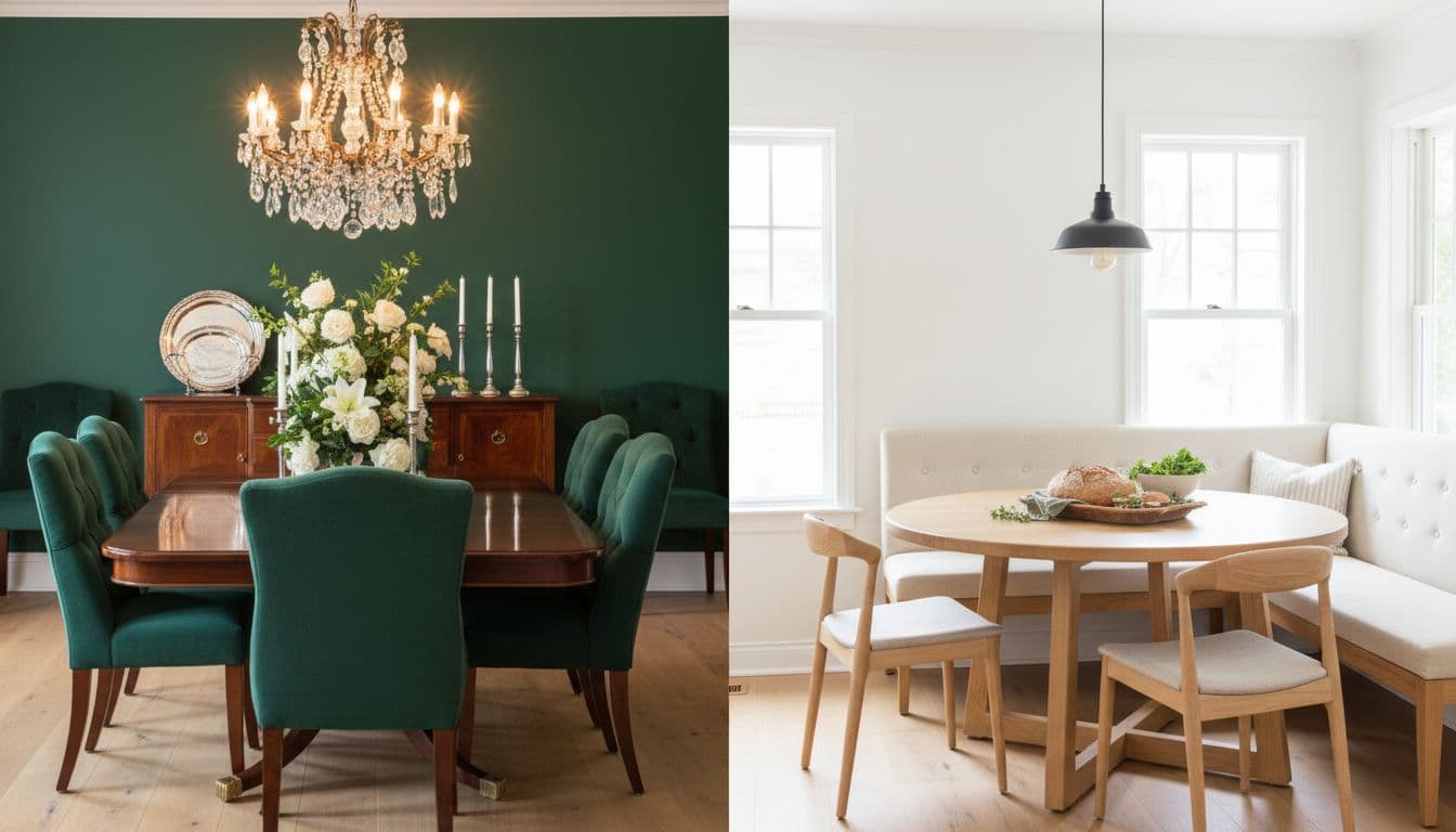 Split view shows formal left side with rectangular table, chandelier, green walls; casual right with round table, pendant light, white walls.
