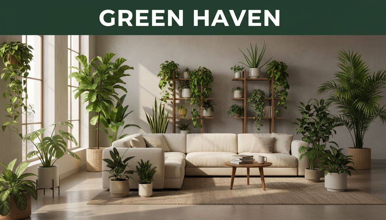 Cozy living room abundant with potted plants on wooden shelves and floor beside sofa, lush greenery in natural lighting against neutral backdrop, wide-angle view. Bold 'Green Haven' headline in title case geometric sans-serif on muted dark-green band at top.