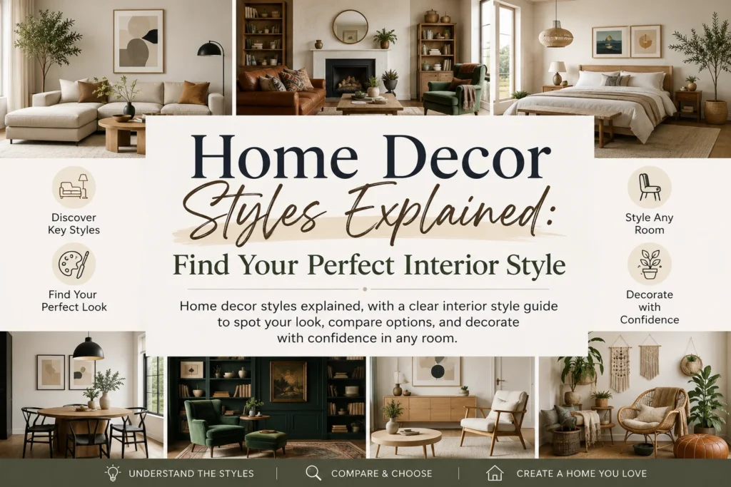 A magazine-style featured image showcasing multiple home decor and interior design styles, including modern, minimalist, cozy traditional, Scandinavian, and boho-inspired rooms arranged in a collage layout with neutral tones, natural textures, stylish furniture, and elegant typography reading “Home Decor Styles Explained: Find Your Perfect Interior Style.