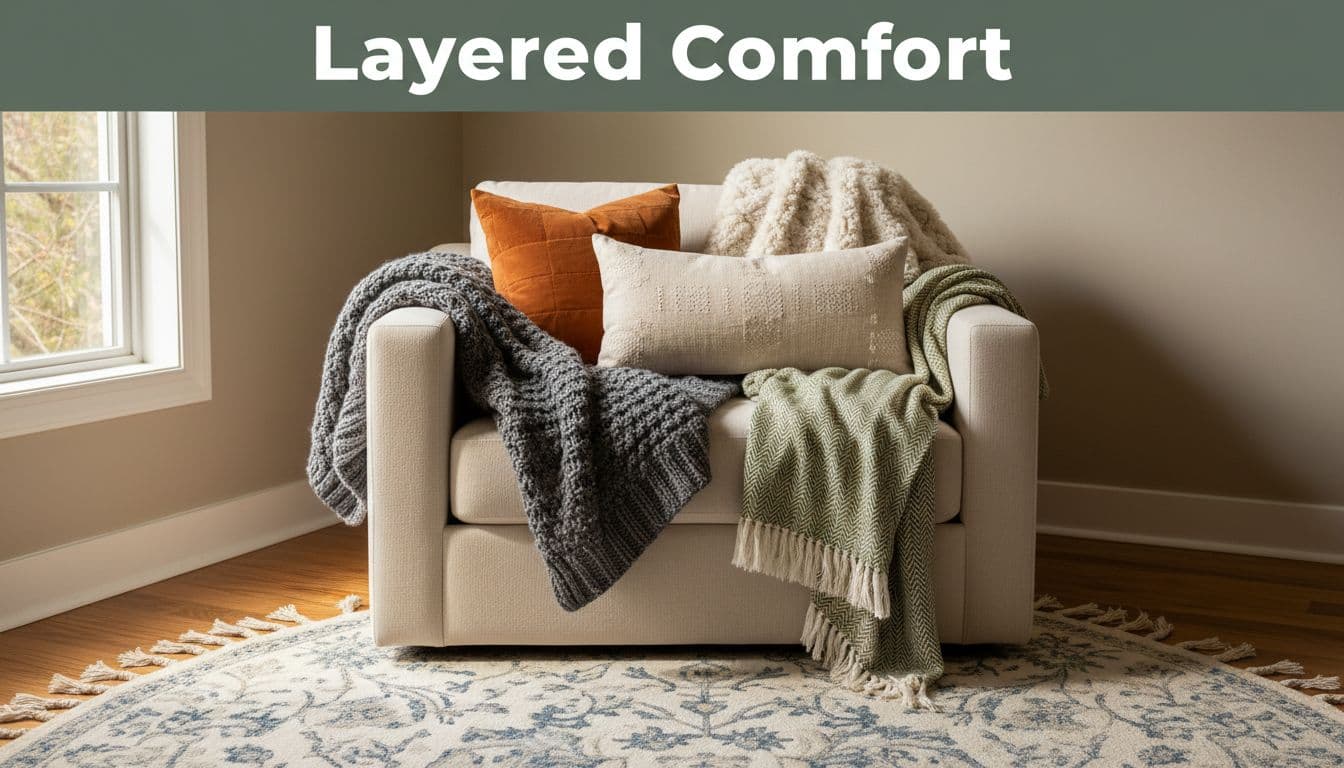 Cozy living room corner with layered throw blankets, textured pillows, and plush armchair on patterned rug, illuminated by soft natural lighting, featuring bold 'Layered Comfort' headline on dark-green band.