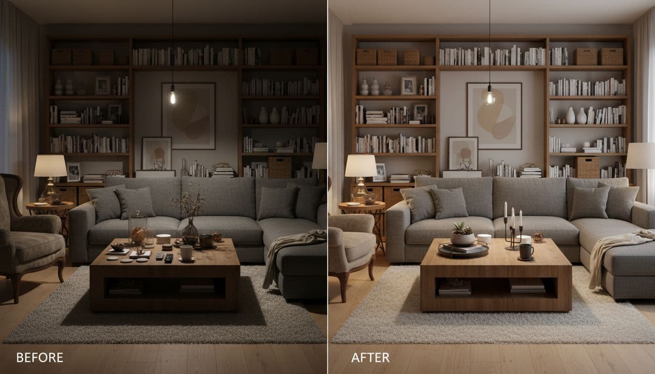 Split photo shows cluttered living room mistakes on left versus balanced cozy setup on right.