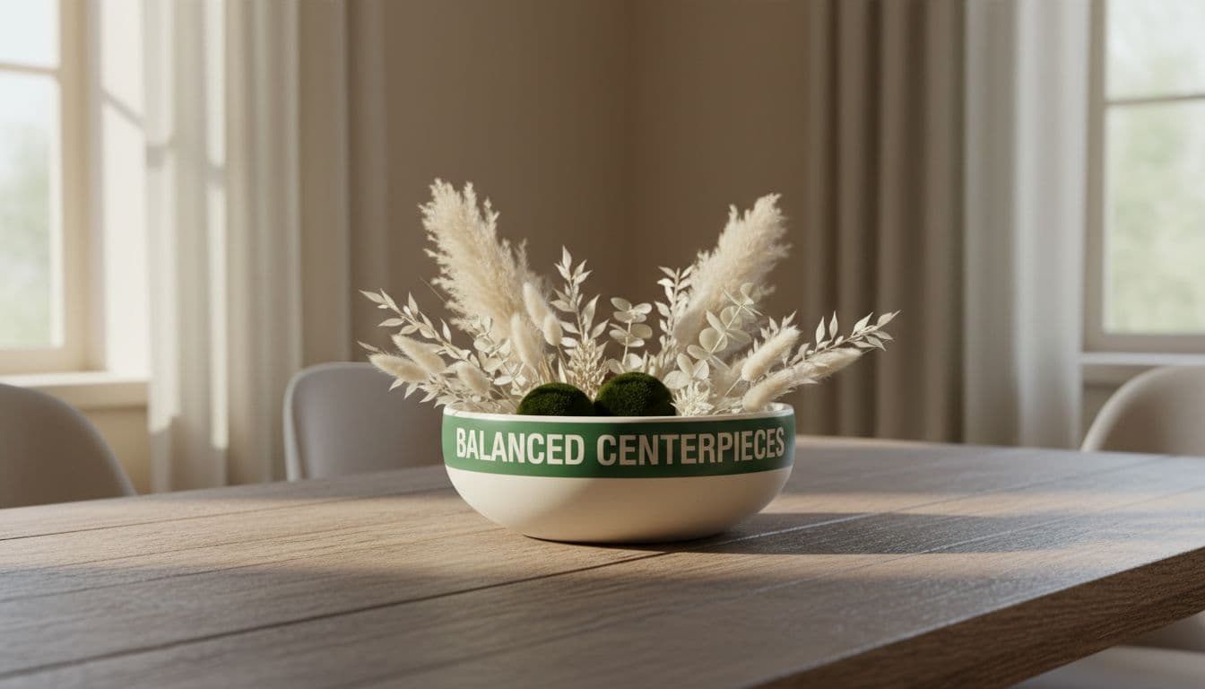 A minimalist ceramic bowl rests centrally upon a polished wooden dining table. Soft natural light highlights the neutral interior tones, creating a calm atmosphere for this elegant year-round dining room display.