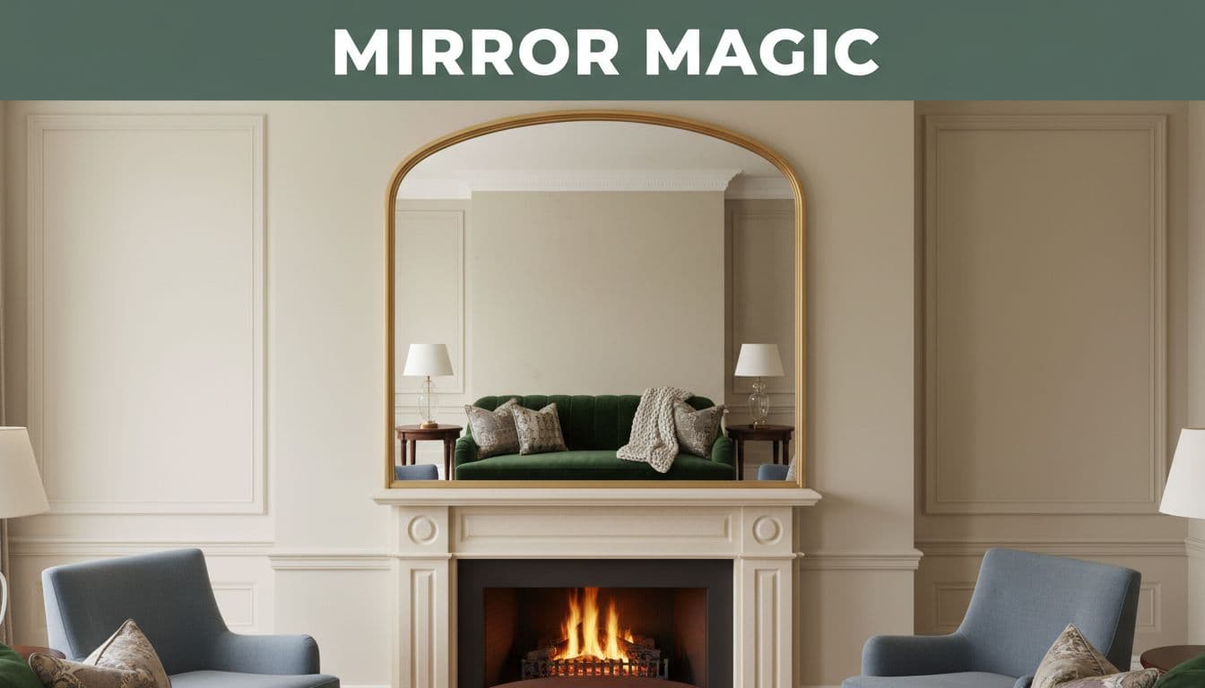 Elegant living room centered on a large arched gold mirror above the mantel, reflecting cozy seating with warm lighting and a fireplace below. Bold 'Mirror Magic' headline on muted dark-green band at top in high-contrast editorial style.