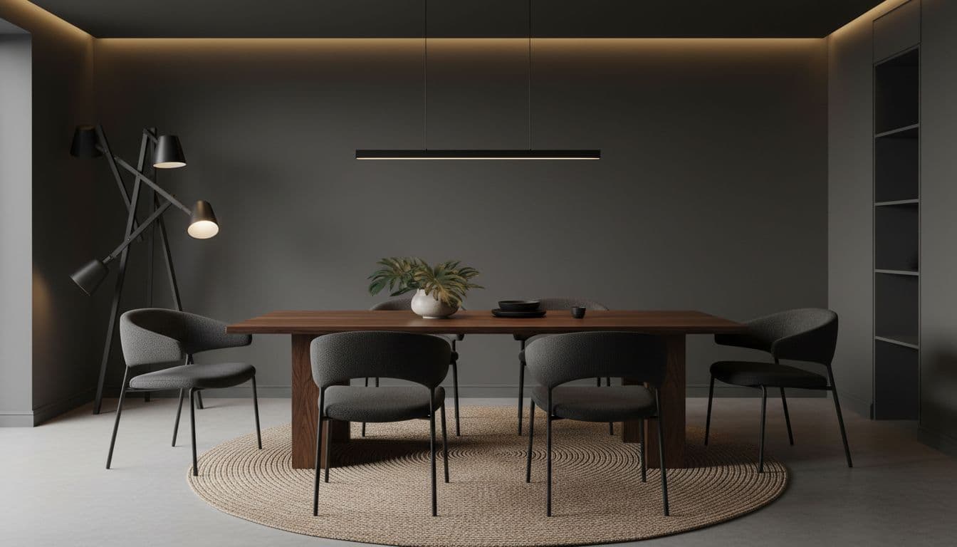 Modern kitchen dining area with dark oak table, low curved chairs, jute rug, matte black floor lamp, and charcoal walls.
