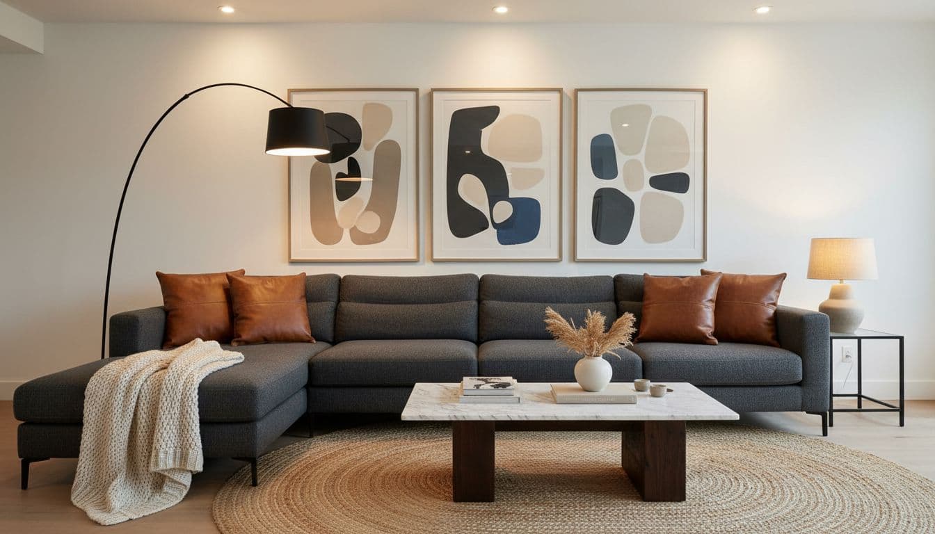Modern living room with dark gray sofa, sculptural arched black floor lamp, low marble coffee table, and textured jute rug.