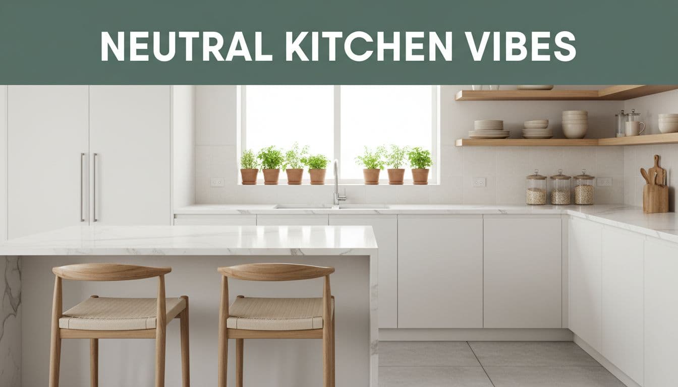 Modern neutral kitchen featuring white cabinets, marble counters, wooden stools, herbs on windowsill, and open shelves with beige dishes in bright daylight.