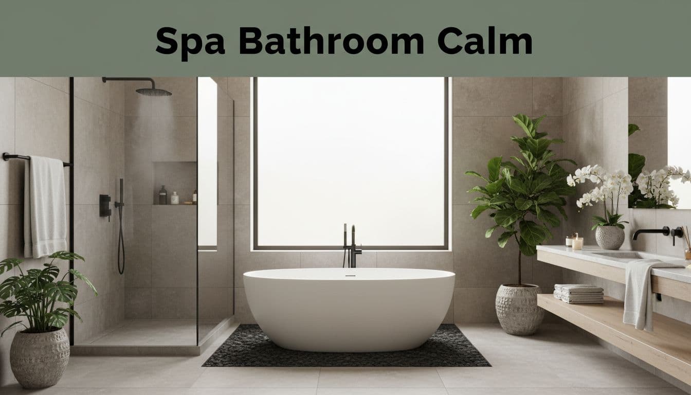 Serene modern spa-like bathroom with neutral tiles, freestanding tub, lush green plants, matte black fixtures, and soft diffused lighting for a calming aesthetic.