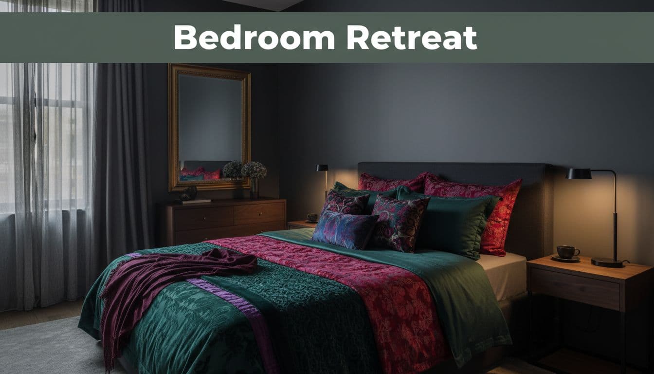 Compact bedroom in small apartment with dark feminine aesthetic, layered bedding in deep colors, moody lighting from bedside lamp, floating nightstands, and mirror above dresser, centered on textured pillows bed.