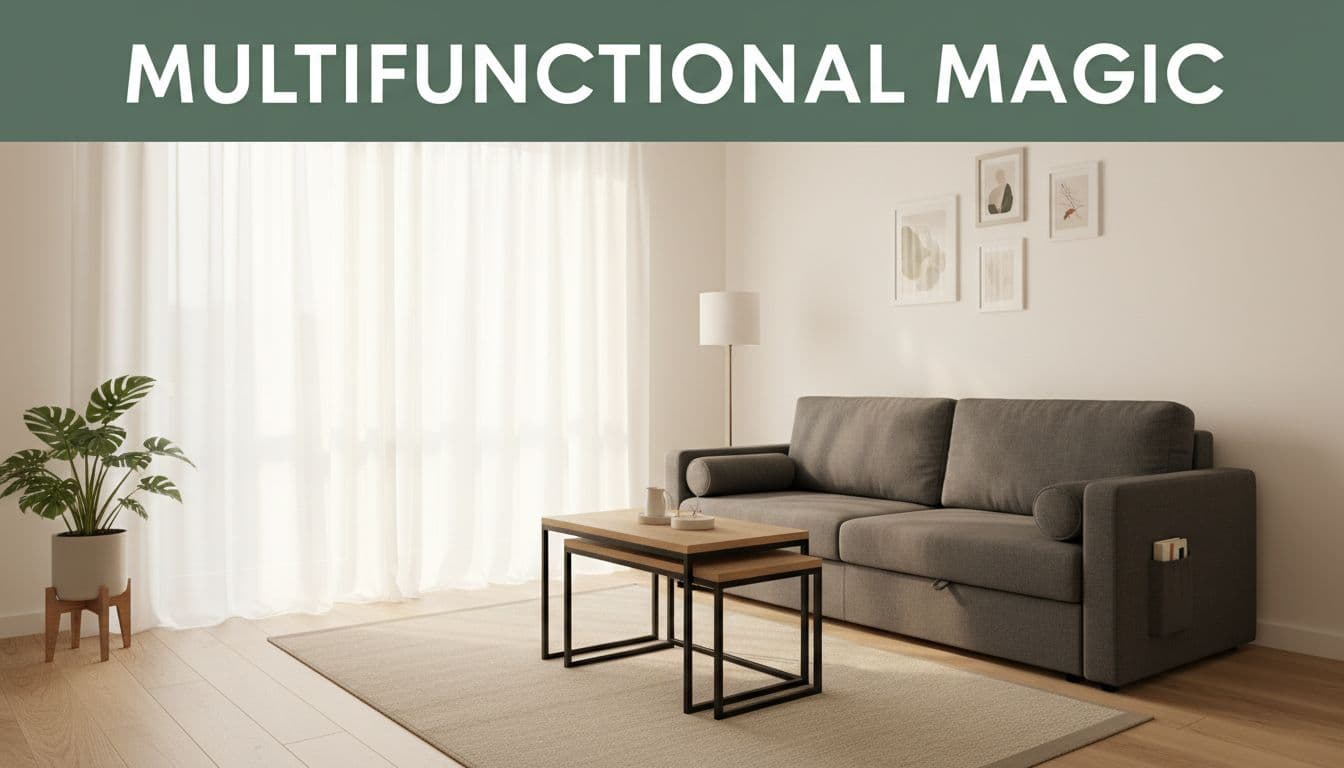 Cozy small living room featuring a slim multifunctional sofa with built-in storage and a nesting coffee table in a compact modern apartment, wide-angle view from corner with warm natural daylight through sheer curtains, minimalist neutral tones and wood accents. Bold editorial headline 'Multifunctional Magic' on a muted dark-green band near the top.