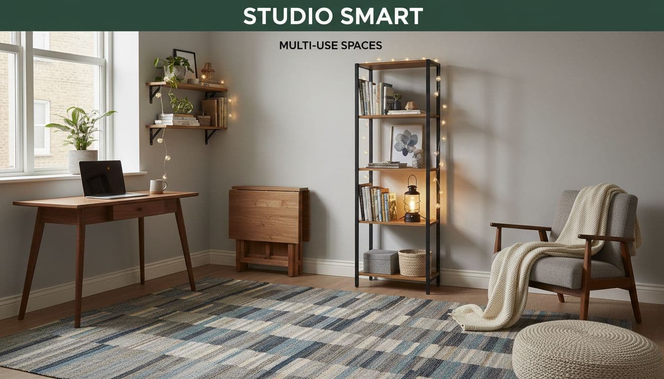 Cozy multifunctional corner in a studio apartment with a desk, foldable table, bookshelf, ambient lantern light, and cozy throw, zoned for work and relaxation under soft lighting. Realistic style with 'Studio Smart' headline on dark-green band.
