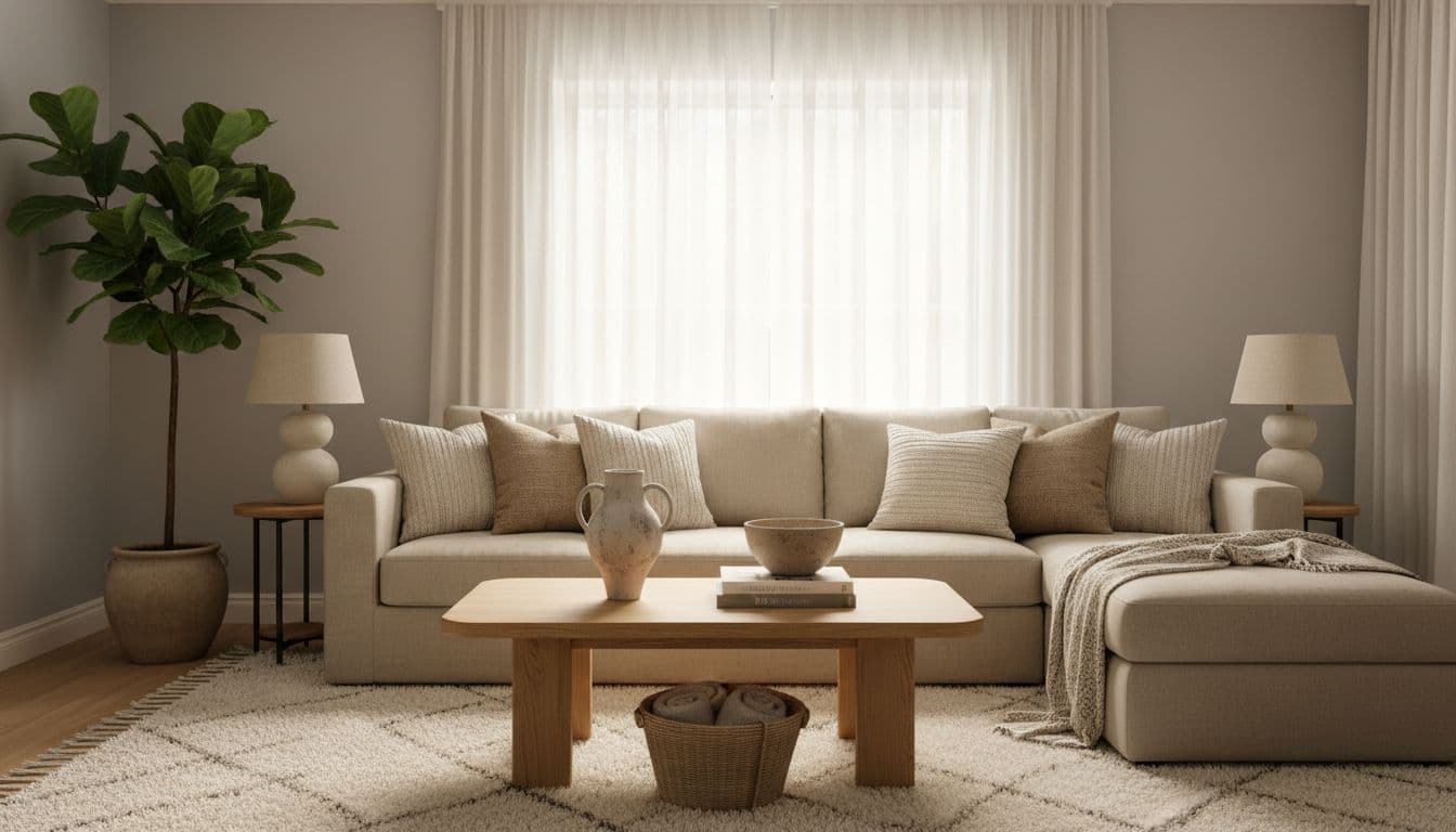 Beige linen sofa on cream wool rug, oak coffee table with vase and basket, fiddle leaf plant, gray walls, sculptural lamps, layered curtains.