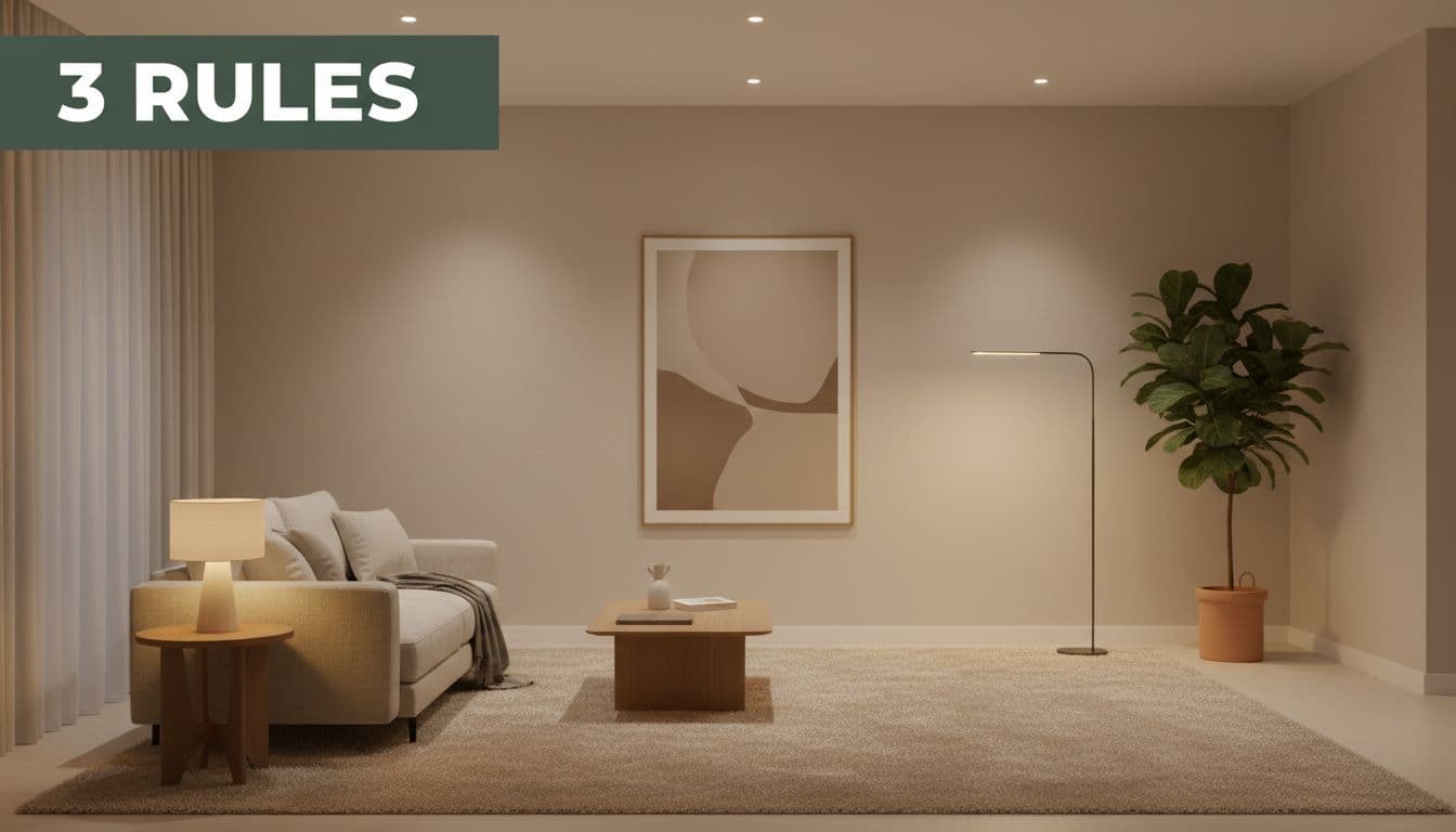Beige-walled living room with large rug, layered lights from ceiling, table, and floor lamps, low sofa, coffee table, tall plant, abstract wall art, and top '3 Rules' green banner.