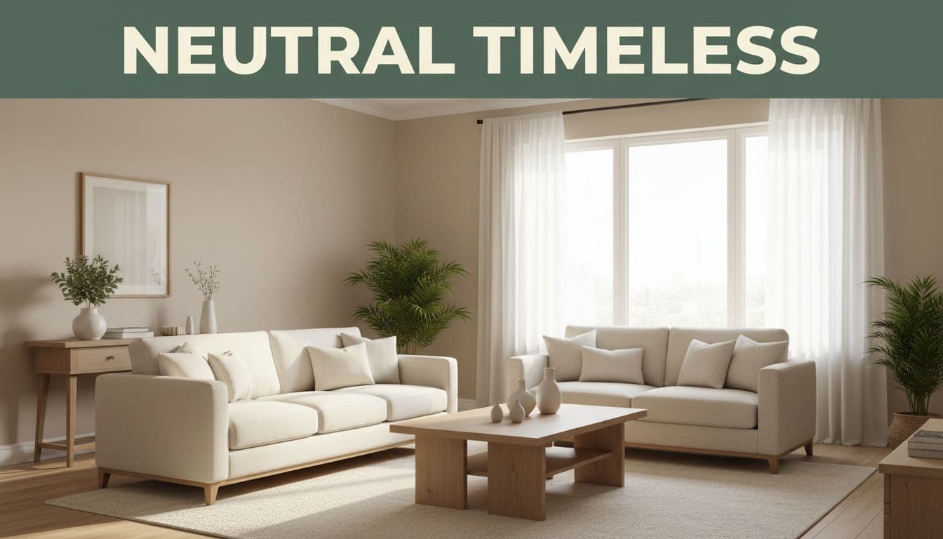 Living room decor ideas: serene neutral living room with a timeless sofa, beige walls, wooden accents, sheer-curtained window and coffee table in bright daylight