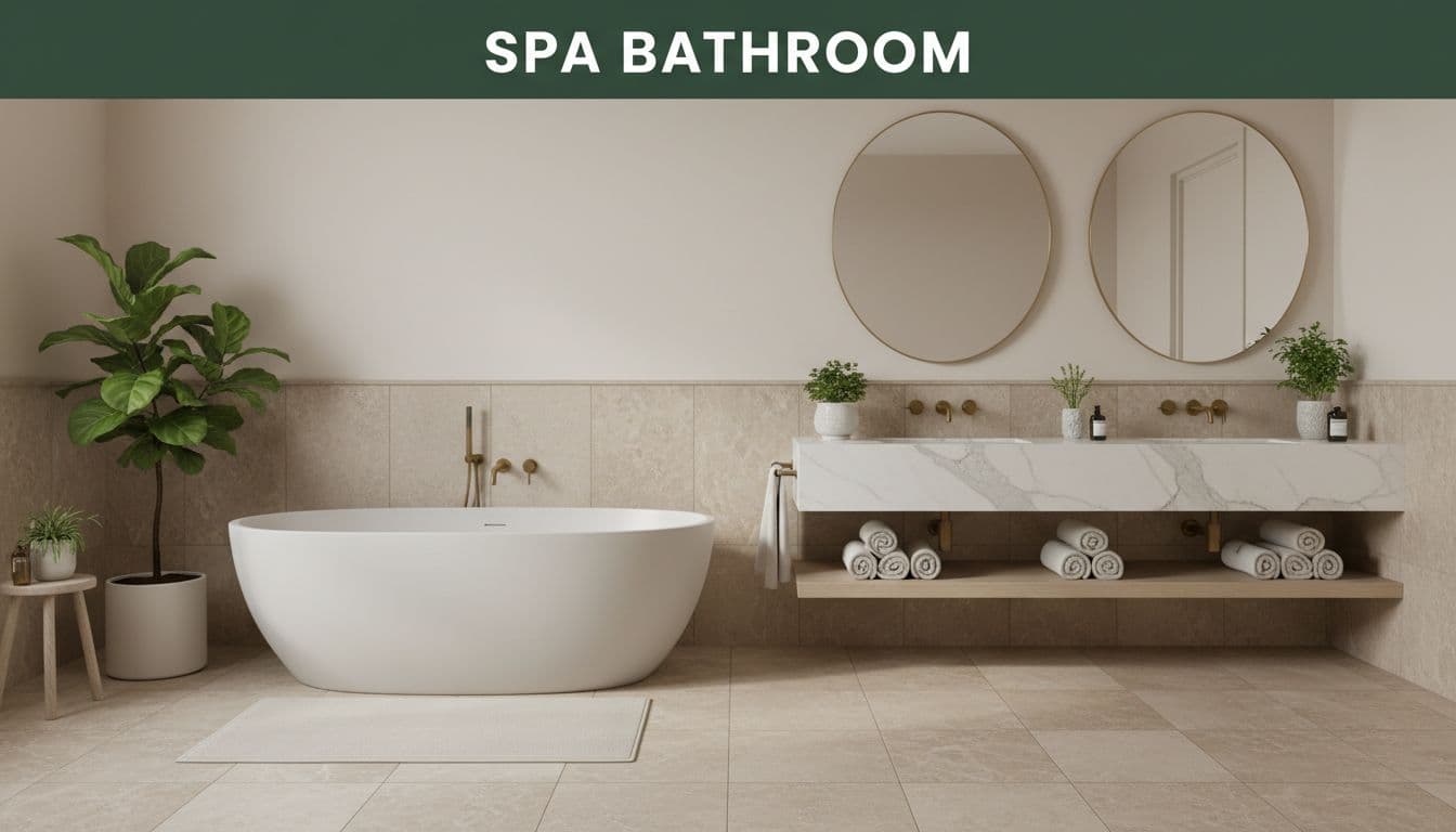 Spa-like neutral bathroom with freestanding tub, beige tiles, marble-top vanity, plants, and soft towels under diffused light in creams, taupes, and whites. Bold 'Spa Bathroom' headline in title case sans-serif on dark-green band at top, focal bath scene below, no extra text or people.