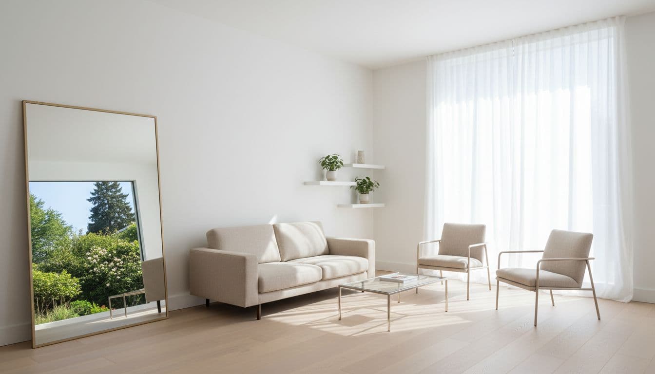 Compact room with slim beige sofa, two armchairs, glass coffee table, tall mirror reflecting garden, sheer curtains, potted plants on oak floor.